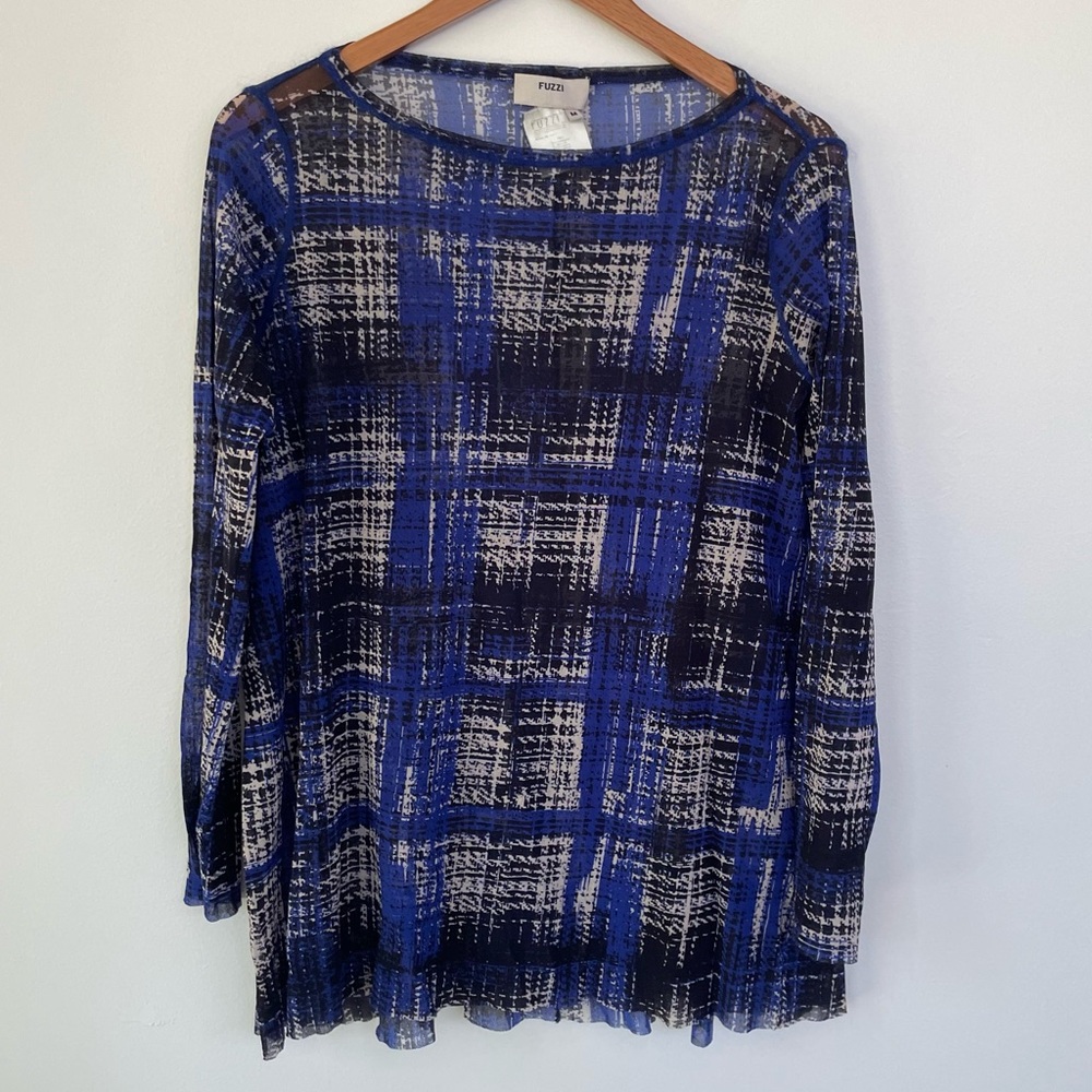 Fuzzi Plaid Blue Black Long Sleeve Sheer Nylon Blend Top M Medium Raw Hem Mesh